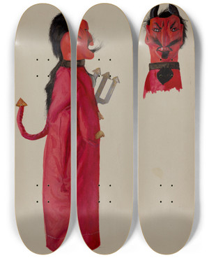 Triptych art skateboard deck of Joseph Shapiro Hand Puppet Devil by Joseph Shapiro