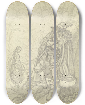 Triptych art skateboard deck of Ferdinand Fellner Ein Ruber Ein Bauernmdchen Beobachtend by Ferdinand Fellner (1799-1859)
