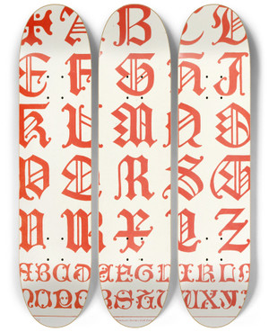 Triptych art skateboard deck of Augustus Pugin Alphabets 2 by Augustus Pugin (1812-1852)