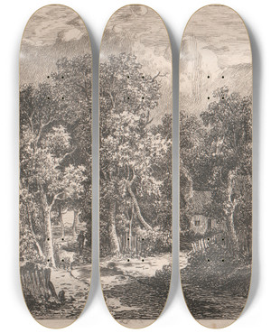 Triptych art skateboard deck of James Stark Trees And Cottage by James Stark (1794-1859)
