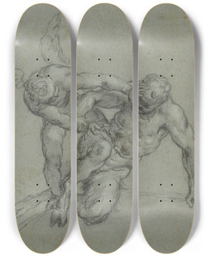Triptych art skateboard deck of Agostino Carracci Cupid Overpowering Pan by Agostino Carracci (1557-1602)