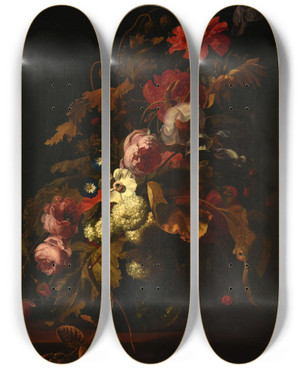 Triptych art skateboard deck of Simon Verelst Bouquet De Fleurs_1 by Simon Verelst (1644-1721)