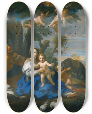 Triptych art skateboard deck of Giovanni Maria Morandi The Rest On The Flight Into Egypt by Giovanni Maria Morandi (1622-1717)
