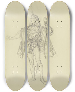 Triptych art skateboard deck of Ferdinand Fellner Kostmfigur Mit Barett Und Hoher Feder by Ferdinand Fellner (1799-1859)