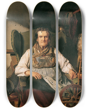 Triptych art skateboard deck of Franz Eybl Eine Ramsauer Buerin Am Spinnrad by Franz Eybl (1806-1880)