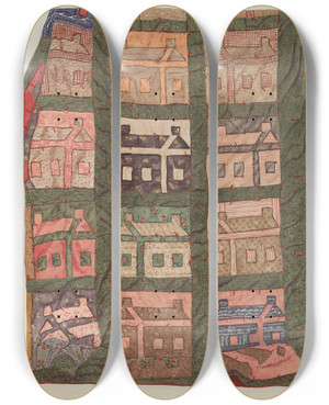 Triptych art skateboard deck of American 20Th Century Log Cabin Patchwork Quilt by American 20Th Century