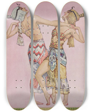 Triptych art skateboard deck of Carl Link Bacchanale by Carl Link (1887-1968)