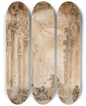 Triptych art skateboard deck of Hubert Robert Architectural Composition With Ruins by Hubert Robert (1733-1808)