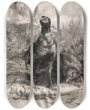 Triptych art skateboard deck of Flix Bracquemond The Pheasants by Felix Bracquemond (1833-1914)