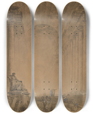 Triptych art skateboard deck of Hubert Robert Figures In A Colonnade by Hubert Robert (1733-1808)