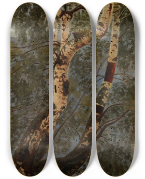 Triptych art skateboard deck of Werner Holmberg Birch Trunks Rehearsal by Werner Holmberg (1830-1860)