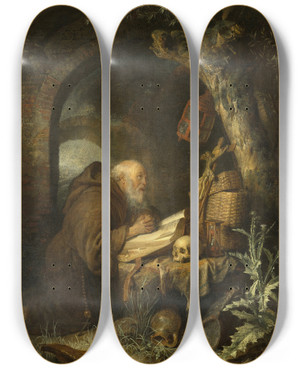 Triptych art skateboard deck of Gerrit Dou The Hermit by Gerrit Dou (1613-1675)