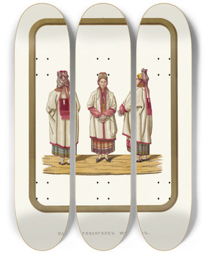 Triptych art skateboard deck of Fedor Grigoryevich Solntsev Odezhda Riazanskikh Zhenshchin by Fedor Grigoryevich Solntsev (1801-1892)