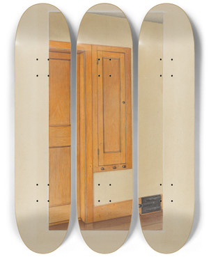 Triptych art skateboard deck of Sumner Merrill Shaker Builtin Cupboard by Sumner Merrill