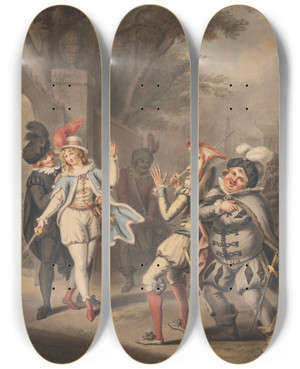 Triptych art skateboard deck of Henry William Bunbury The Duel Twelfth Night Act Iii Scene Iv by Henry William Bunbury (1750-1811)