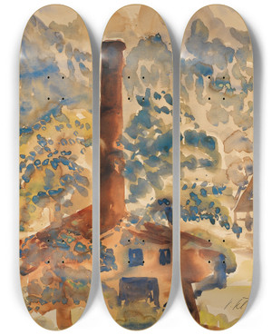 Triptych art skateboard deck of Paul Kleinschmidt Landschaft Mit Fabrik by Paul Kleinschmidt (1883-1949)