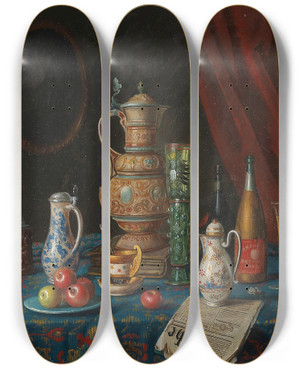 Triptych art skateboard deck of Moritz Mansfeld Stillleben Mit Krug Und Englischer Zeitung by Moritz Mansfeld (1850-1890)