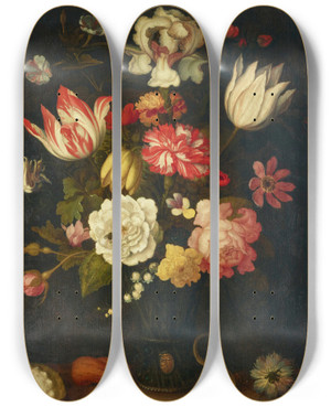 Triptych art skateboard deck of Balthasar Van Der Ast Tulips Carnations Roses And Other Flowers In A Roemer With Shells And A Lizard On A Ledge by Balthasar Van Der Ast (1593-1657)