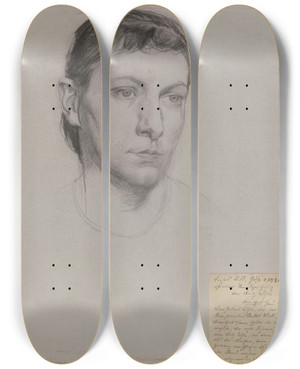 Triptych art skateboard deck of Fritz Boehle Womans Head by Fritz Boehle (1873-1916)