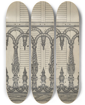 Triptych art skateboard deck of Thomas Byrne Cast Iron Balcony Rail_1 by Thomas Byrne