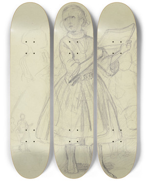 Triptych art skateboard deck of Jakob Becker Mdchen Mit Einem Papierbogen_3 by Jakob Becker (1810-1872)