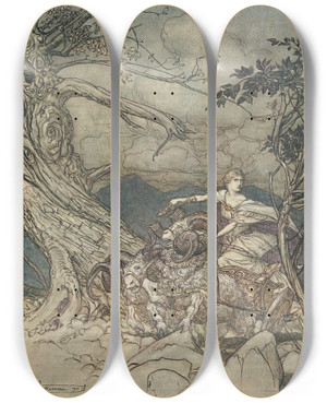 Triptych art skateboard deck of Arthur Rackham Fricka Approaches In Anger by Arthur Rackham (1867-1939)