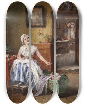 Triptych art skateboard deck of Mathias Schmid Liebevolle Mutter by Mathias Schmid (1835-1923)