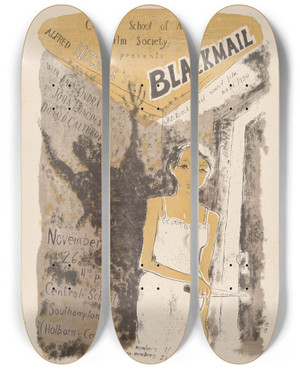 Triptych art skateboard deck of Michael Biddle Alfred Hitchcocks Blackmail by Michael Biddle (1934-2013)