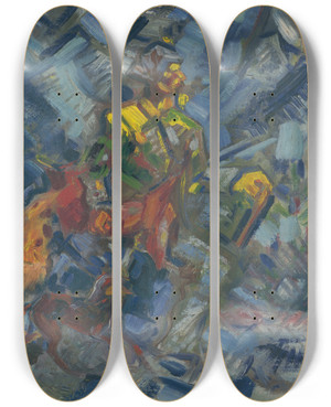 Triptych art skateboard deck of Arnold Peter Weiszkubnan Hunter In A Blue Forest by Arnold Peter Weisz-Kubnan (1898-1944)