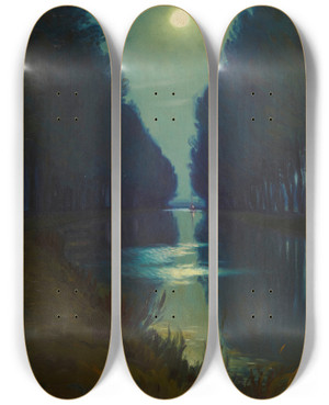 Triptych art skateboard deck of Charles Guilloux Canal De Chelles Clair De Lune by Charles Guilloux (1866-1946)