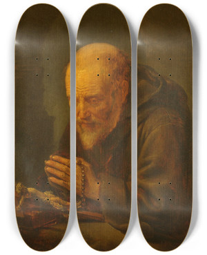Triptych art skateboard deck of Gerrit Dou A Hermit In Prayer by Gerrit Dou (1613-1675)