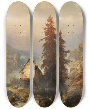 Triptych art skateboard deck of Carl Hilgers Mhle Im Gebirgstal by Carl Hilgers (1818-1890)