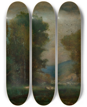 Triptych art skateboard deck of George Inness Cows By A Stream by George Inness (1825-1894)