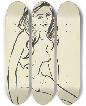 Triptych art skateboard deck of Ernst Ludwig Kirchner Mdchenakt Sitzend by Ernst Ludwig Kirchner (1880-1938)