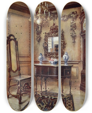 Triptych art skateboard deck of Edwin Foley Panelling From An Old House Mirror Frame Walnut Table Walnut Chair Walnut Highcase Clock by Edwin Foley (1859-1912)