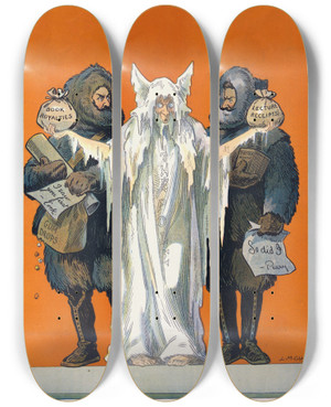 Triptych art skateboard deck of Louis Glackens A Coldness Between Them by Louis Glackens (1866-1933)