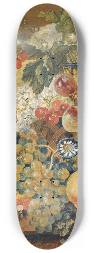 Jacobus Linthorst - A Still Life With A Basket Of Fruit, NutsAnd Flowers On A Stone Ledge 8.25 inch art skate deck