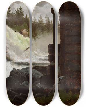 Triptych art skateboard deck of Adolph Tidemand A Waterfall by Adolph Tidemand (1814-1876)