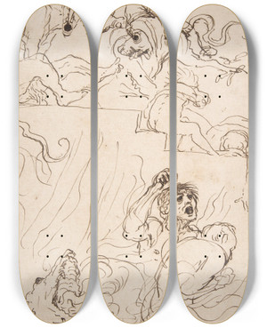Triptych art skateboard deck of Guercino A Diablerie by Guercino (1591-1666)