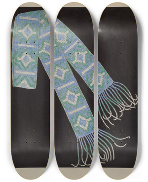 Triptych art skateboard deck of Gordena Jackson Bead Belt by Gordena Jackson
