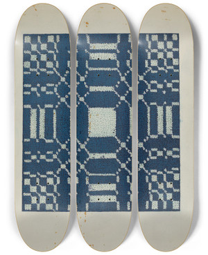 Triptych art skateboard deck of Ruth M Barnes Coverlet_13 by Ruth M Barnes