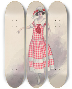 Triptych art skateboard deck of Will R Barnes Gingham Girl 6 by Will R Barnes (1939)