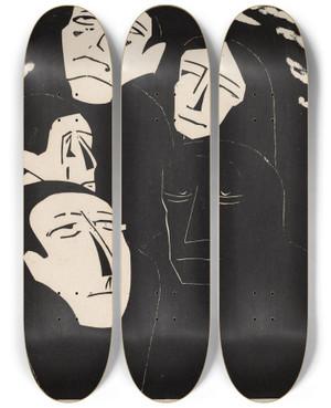 Triptych art skateboard deck of Walter Gramatt Eavesdropping by Walter Gramatte (1897-1929)