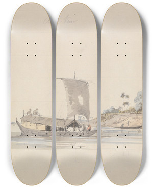 Triptych art skateboard deck of Samuel Davis River View With A Junk Near Rajmahal by Samuel Davis (1757-1819)