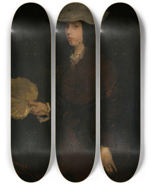 Triptych art skateboard deck of Frank Duveneck Lady With Fan by Frank Duveneck (1848-1919)