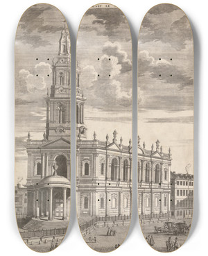 Triptych art skateboard deck of Sutton Nicholls St Mary Le Strand by Sutton Nicholls (1700-1740)