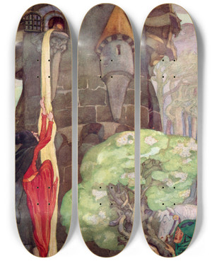 Triptych art skateboard deck of Anne Anderson Rapunzel by Anne Anderson (1874-1952)