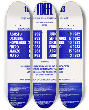 Triptych art skateboard deck of Us Information Agency Toefl 19821983 by U S Information Agency (1953-1999)