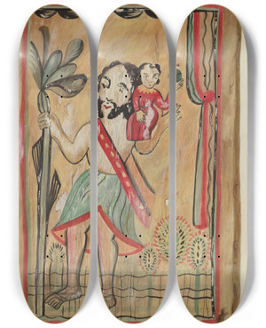 Triptych art skateboard deck of Majel G Claflin Retablo San Christopher by Majel G Claflin (1893-1941)