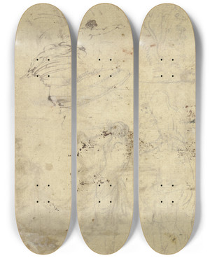 Triptych art skateboard deck of Claude Lorrain Studienblatt Ungedeutete Szene by Claude Lorrain (1604-1682)